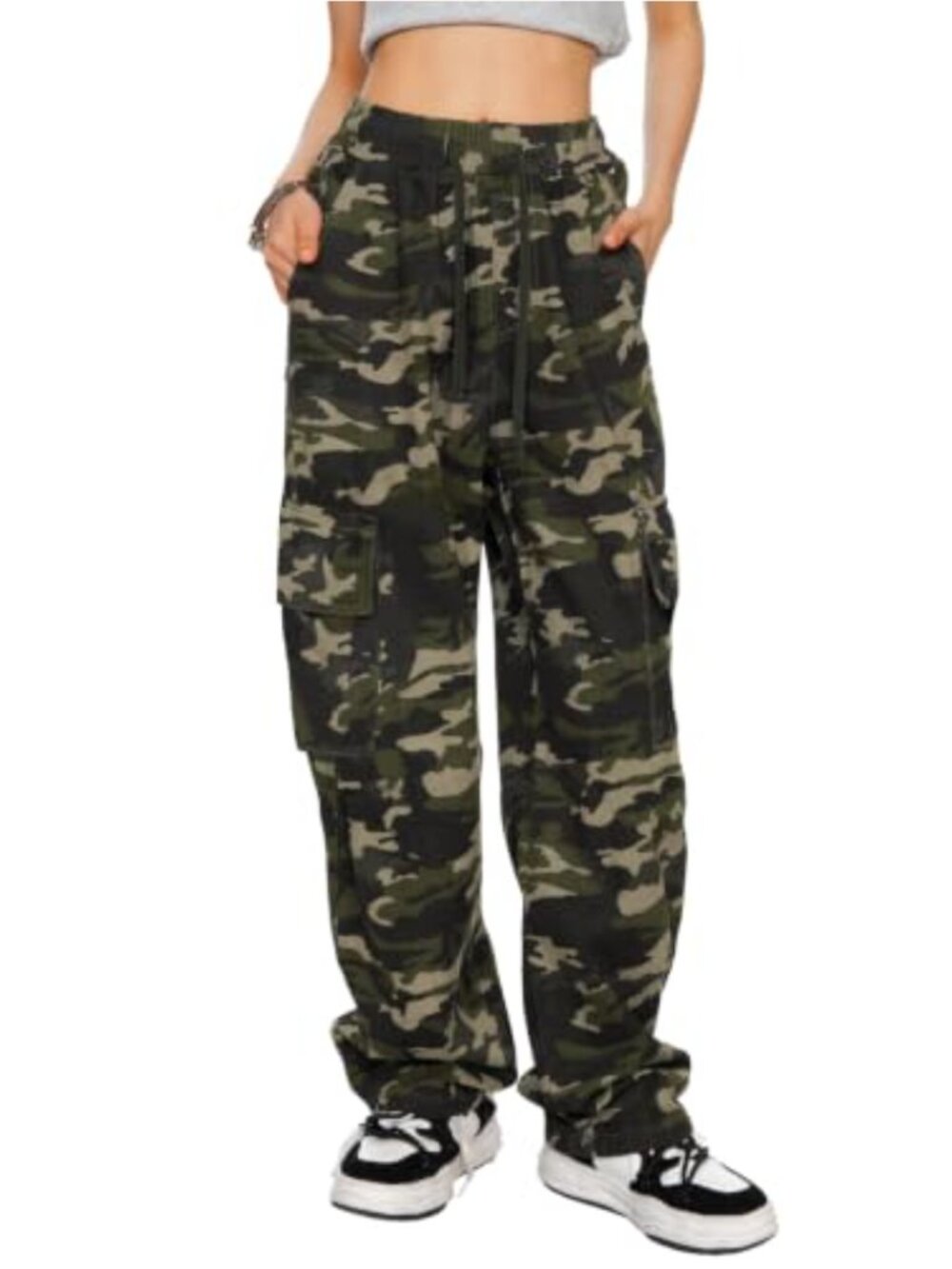 High Waisted Wide Leg Cargo Pants Cotton Drawstring Casual Trousers